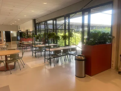 Kantine voor leerlingen met kleurrijke onderdelen zoals maatwerk plantenbakken en stoelen en tafels