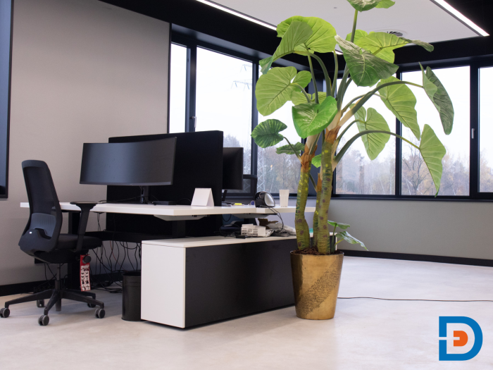 Moderne duo-werkplekken in zit/sta-uitvoering in strak zwart-wit design.